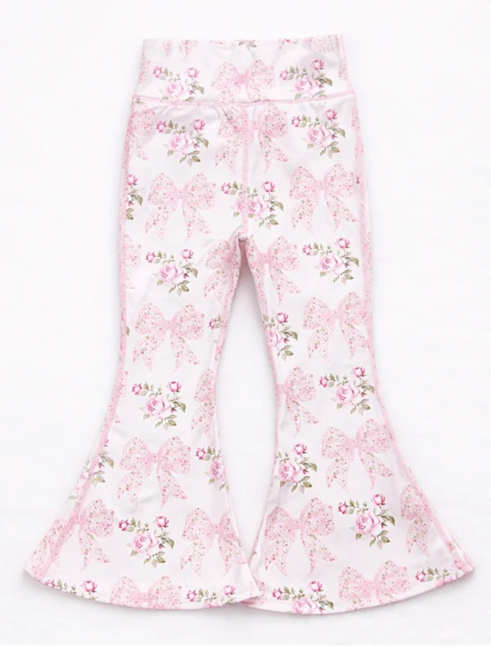Girls Pink Floral & Bow Flare Pants